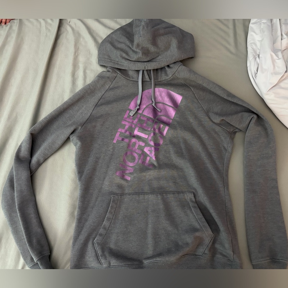The North Face gray Hoodie with purple Logo
